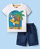 Babyhug Single Jersey Knit Half Sleeves T-Shirt & Denim Shorts Set with Beach Theme Print - White & Blue