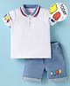 Mark & Mia Knitted Half Sleeves Polo T-Shirt & Cotton Lycra Denim Shorts with Tipping Rib & Popsicle Print - White & Light Blue