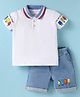 Mark & Mia Knitted Half Sleeves Polo T-Shirt & Cotton Lycra Denim Shorts with Tipping Rib & Popsicle Print - White & Light Blue