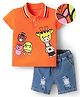 Mark & Mia Half Sleeves Polo T-Shirt & Denim Shorts Set With Animal Print & Distressed Pattern - Orange & Blue