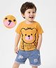Mark & Mia Knit Half Sleeves T-Shirt & Denim Shorts Set with Teddy Print - Yellow