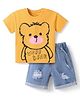 Mark & Mia Knit Half Sleeves T-Shirt & Denim Shorts Set with Teddy Print - Yellow