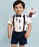 Mark & Mia Cotton Woven Half Sleeves Teddy Bear Printed Shirt & Denim Shorts Set With Bow & Suspender - White & Navy Blue