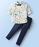 Mark & Mia Cotton Woven Full Sleeves Printed Shirt & Trouser With Bow & Suspender - White & Navy Blue