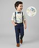 Mark & Mia Cotton Woven Full Sleeves Printed Shirt & Trouser With Bow & Suspender - White & Navy Blue