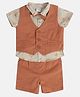 MINI KLUB Cotton Half Sleeves Leaves Printed 3 Piece Party Suit Set With Bow - Brown