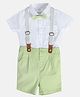 MINI KLUB Cotton Half Sleeves Solid Shirt With Shorts Suspender & Bow Set - White & Green