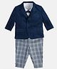MINI KLUB Cotton Full Sleeves Checked 3 Piece Party Suit Set With Bow - Blue