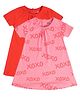 MINI KLUB Cotton Pack Of 2 Half Sleeves Solid & XOXO Text Printed Dresses - Red & Pink