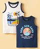 Honeyhap Premium  100% Cotton Knit With Bio Finish Sleeveless Tank T-Shirt With Beach Theme Print Pack Of 2 - White & Navy Blue
