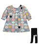 MINI KLUB Cotton Full Puffed Sleeves Animals Printed Dress With Stockings - Grey