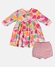 MINI KLUB Cotton Three Fourth Sleeves Abstract Printed Dress With Bloomer Set - Pink