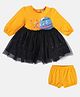 MINI KLUB Cotton Three Fourth Sleeves Space Theme Printed Dress With Bloomer - Yellow & Black