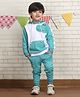 Polka Tots Cotton Full Sleeves Dinosaur Designed Hooded Tee With Joggers Set - White & Turquoise