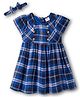 Babyhug Cotton Woven Half Sleeves Frock with Headband & Checks - Navy Blue