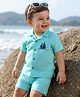 Babyoye Cotton Linen Woven Half Sleeves Shirt & Shorts Set With Boat Embroidery - Aqua Blue