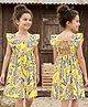 Kookie Kids Woven Frill Sleeves Back Tie Up Dress with Leaves Print - Yellow
