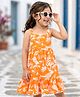 Kookie Kids Poplin Woven Singlet Sleeves Dress With Smocking Detailing & Tropical Print - Orange