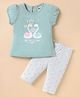 ToffyHouse Interlock Knit Half Puffed Sleeves Striped Night Suit with Hearts & Birds Print - Mint & White