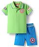 Babyhgu Marvel Single Jersey Knit Half Sleeves Polo T-Shirt & Shorts Set With Avengers Graphics - Light Green & Blue