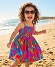 Babyhug Cotton Knit Sleeveless Frock With Leaf Print & Smocked Detailing - Multicolor