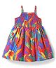Babyhug Cotton Knit Sleeveless Frock With Leaf Print & Smocked Detailing - Multicolor