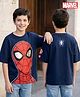Pine Kids Marvel Terry Knit Half Sleeves Oversized Drop Shoulder T-Shirt With Spider-Man Graphics And Badge Detailing - Navy Blue