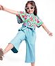 Ollington St. Cotton Knit Short Sleeves  Top & Culottes Set with Good Day Print - Sky Blue & Green