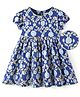 EARTHY TOUCH Single Jersey Knit Half Puffed Sleeves Ethnic Dress With Floral Foil Print - Blue