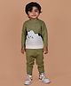 Mama & Peaches Cotton Full Sleeves Cat Designed Sweatshirt With Joggers Set - Green