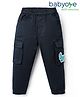 Babyoye Twill Lycra Full Length Solid Coloured Trousers With Dinosaur Embroidery & Side Pockets - Navy Blue