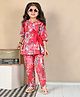 Superminis Cotton Full Sleeves Floral Printed Shirt Style Top With Coordinating Pant Set - Dark Pink