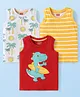 Babyhug Cotton Knit Sleeveless Tank T-Shirts with Beach Theme Print & Stripes Pack of 3 - Yellow Grey & Red