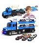 HAPPY HUES Big Hauler Storage & Deform Truck Toy with 55 inch 2 Ejection Race Track & 6 Die-cast Cars- Catapult Truck with LED Light & Music for Kids- Blue