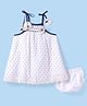 Babyhug Cotton Woven Singlet Sleeves Printed Frock With Smock Detailing Floral Applique & Bloomer - White