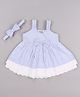 Babyhug Single Jersey Knit Sleeveless Frock with Stripes Bow Applique & Lace Detailing - White & Light Blue