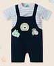 Nauti Nati Cotton Animal Patch Embroidered Dungaree With Half Sleeves Striped Tee - Blue