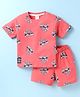 CUCUMBER Sinker Knit Half Sleeves Shorts Night Suit With Skateboard Print - Light Red