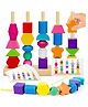 Wudly - 5 Pilar Sorter with Lacing Beads Toy Set, Colorful Wooden Montessori Bead Toy Sorting and Stacking Blocks Educational Threading Toys for Kids