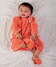 BownBee Pure Cotton Full Sleeves Leheriya Printed & Lace Embellished Dhoti Kurta With Booties Set - Orange