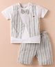 WOW Clothes Cotton Knit Half Sleeves Waistcoat Attached T-Shirt & Shorts Set with Bow Applique & Stripes - Light Green