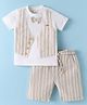 WOW Clothes Cotton Knit Half Sleeves Waistcoat Attached T-Shirt & Shorts Set with Bow Applique & Stripes - Tan