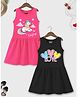 Trampoline Cotton Blend Pack Of 2 Sleeveless Love Text & Unicorn Printed Dresses - Pink & Black