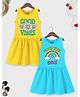 Trampoline Cotton Blend Pack Of 2 Sleeveless Good Vibes & Rainbow Text Printed Dresses - Yellow & Light Blue