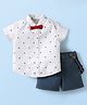 ToffyHouse Poplin Woven Half Sleeves  Shirt & Shorts Set with Bow  Suspender & Helmet Print- Navy Blue & White