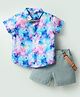 ToffyHouse 100% Cotton Knit Half Sleeves Printed Shirt & Shorts Set with Bow & Suspender - Teal Blue