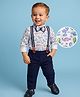 Babyhug Knit Full Sleeves Dino Printed Shirt & Pant with Bow & Suspender - Navy Blue & White