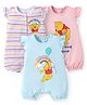 Babyhug Disney Interlock Knit Frill Sleeves Rompers With Winnie The Pooh Graphics Pack Of 3 - Light Blue & Pink
