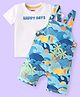 Babyhug Single Jersey Knit Dungaree & Half Sleeves T-Shirt With Beach Theme Print - Blue & White