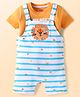 Babyhug Single Jersey Knit Half Sleeves T-Shirt & Dungaree with Text Print Stripes & Lion Patch - White & Orange